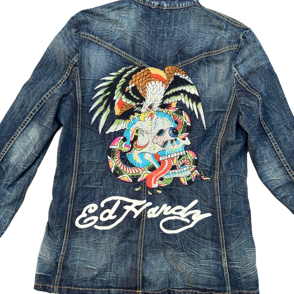Vintage Ed Hardy by Christian Audigier Jean Jacket with Eagle Skull Embroidery